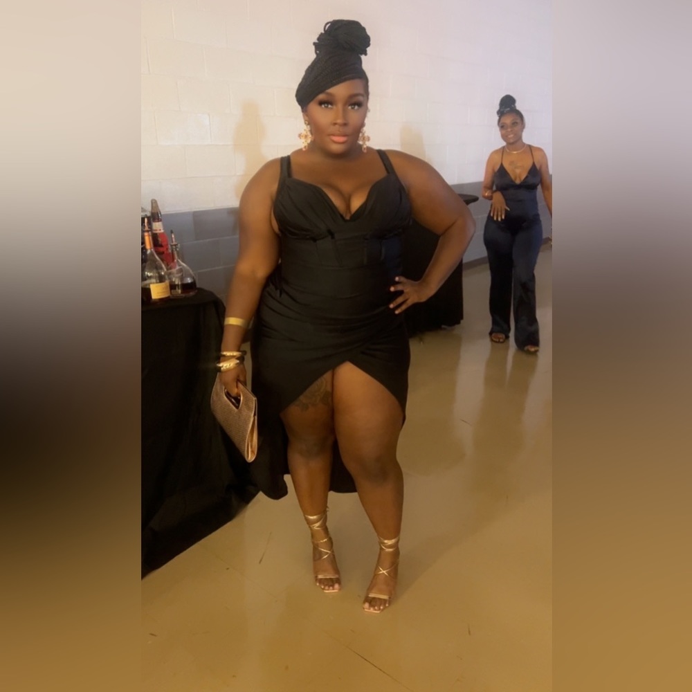 Black sexy dress with split worn only once stretches a lot